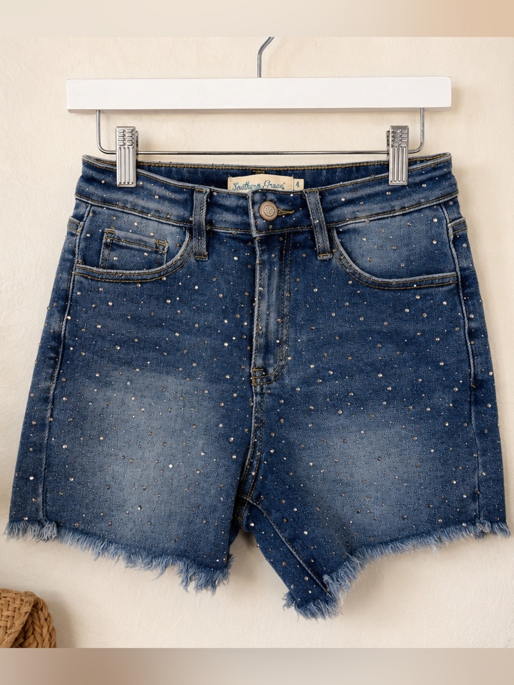 Southern Grace Rhinestone Denim Shorts Size 4 High Rise Raw Hem